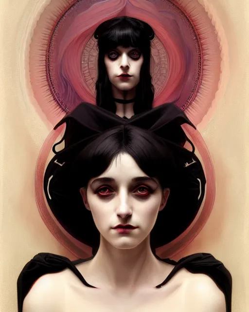 Prompt: symmetry portrait of lydia deetz, glam, gothic, glowing skin intricate, elegant, highly detailed, digital painting, artstation, concept art, smooth, sharp focus, illustration, art by artgerm and greg rutkowski and fra angelico and alphonse mucha