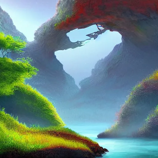 Prompt: beautiful digital artwork of a lush natural scene on an alien planet by arthur haas. artistic science fiction. interesting color scheme. beautiful landscape. weird vegetation. cliffs and water.