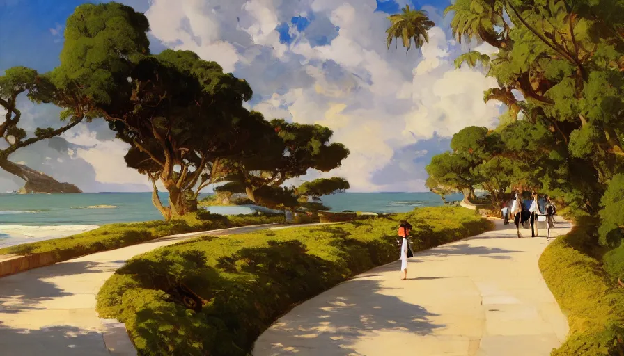 Image similar to scenic pathway leading to a luxurious coastal mansion of count dracula, hyperdetailed, artstation, cgsociety,by studio ghibli painting,by Joaquin Sorolla rhads Leyendecker, by Ohara Koson and Thomas, 8k