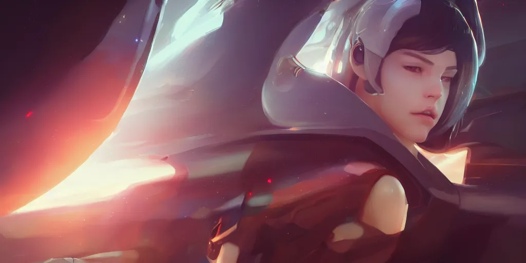 Image similar to Young woman, somber white eyes, long, gentle lighting, piloting a small space shuttle, futuristic, dim lighting, digital art by Makoto Shinkai ilya kuvshinov and Wojtek Fus, digital art, concept art,