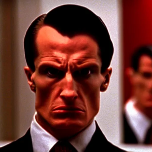 Image similar to a still of a Draconian in the American Psycho (2000), doing the Bateman stare, cinematic still, 4K Bluray