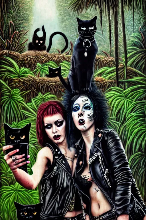 Prompt: punk rock girls kissing and making selfie with black cats in jungle , 1980 style, mad max jacket, post apocalyptic, Cyberpunk, renaissance, Gothic, mystic, highly detailed, 4k, fog, oil painting on canvas, Kubrick movie, hyper realistic style, fantasy by Olga Fedorova