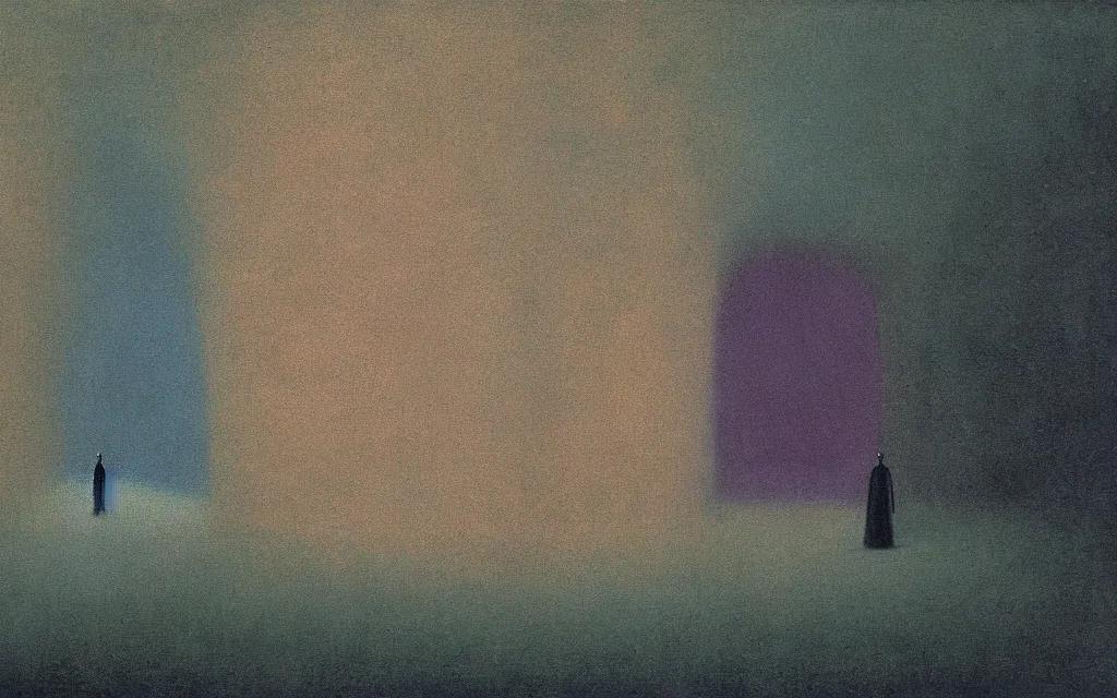 Prompt: colorized movie still from The Cabinet of Doctor Caligari: a ghost walking alone at night in the woods, oil painting by zdzisław beksiński, iridescent color palette chromatic aberration
