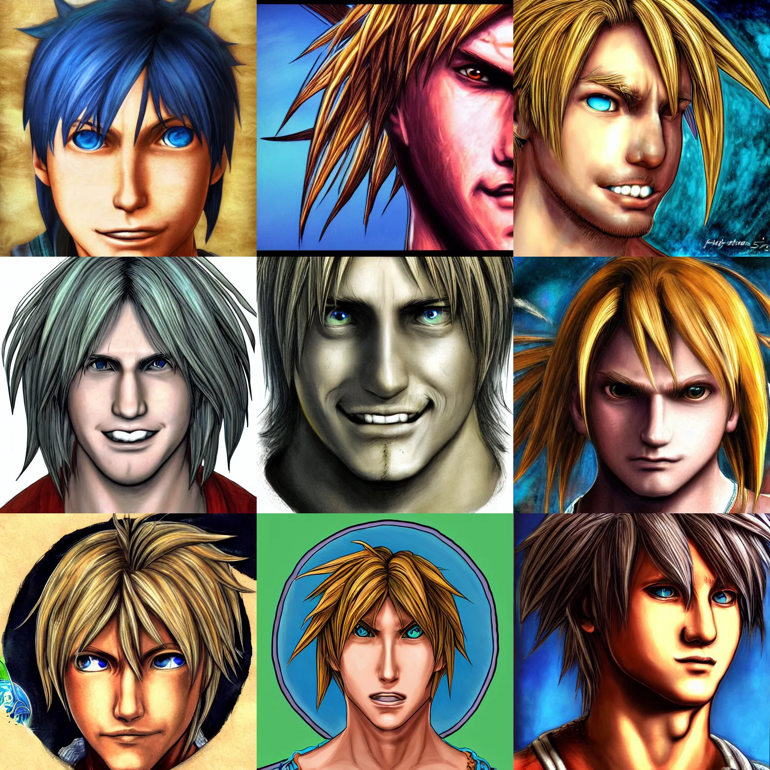 Prompt: tidus from ffx face portrait warped top of head looking down fisheye small face smiling terrible ugly deviantart