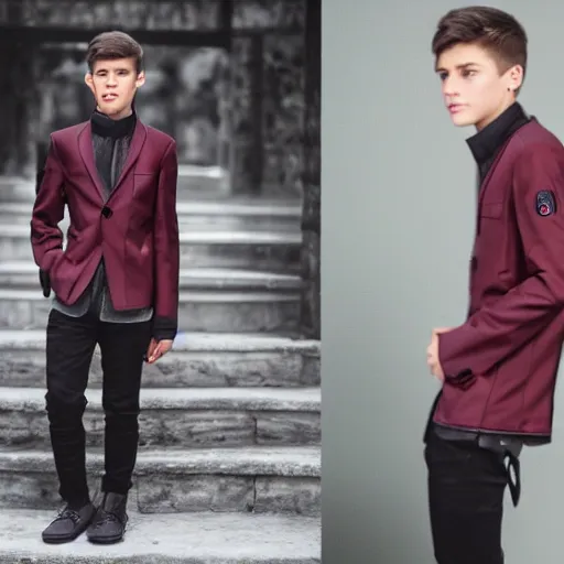 Prompt: teenage Caucasian boy modeling malacca sultanate jacket