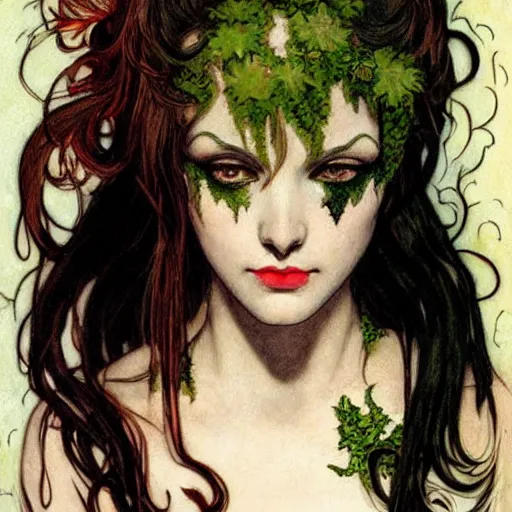 Image similar to a beautiful painting a goth girl dressed as a teenage poison ivy, dark eyeliner, intricate, elegant, highly detailed, digital painting, artstation, concept art, matte, sharp focus, illustration, art by rebecca guay and by arthur rackham and by alphonse mucha and by john william waterhouse