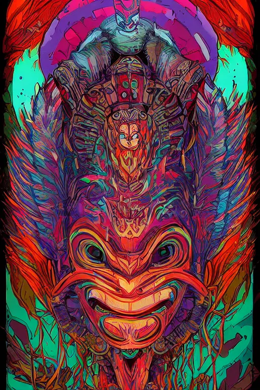 Image similar to totem animal tribal chaman vodoo mask feather gemstone plant wood rock video game illustration vivid color borderlands by josan gonzales and dan mumford radiating a glowing aura