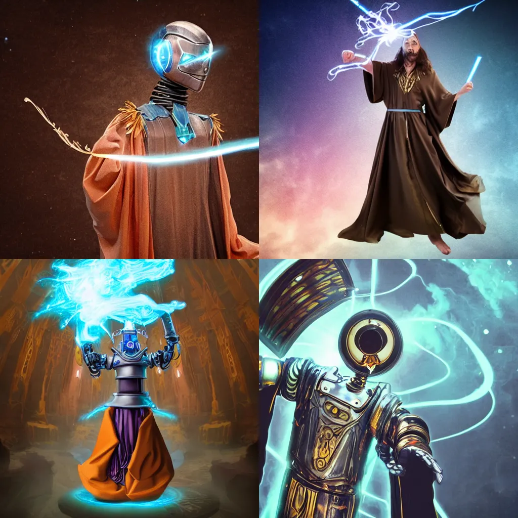 Prompt: a high fantasy robot wizard wearing flowing robes casting a spell