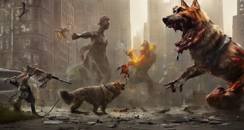 Prompt: the german shepherd of I am legend in new york attacking a zombie, foam around the teeth, octane render, unreal engine, style of peter mohrbacher, 8k highly detailed