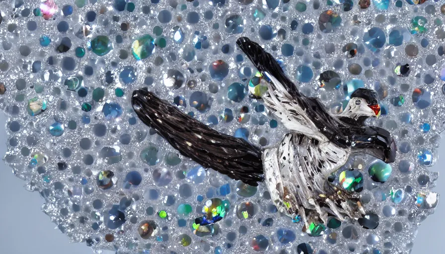 Image similar to diamonds, pearls, ice crystals, opals and other various gemstones being thrown around in the shape of a hawk by a tornado, museum sculpture, 4k, high quality photograph, award-winning