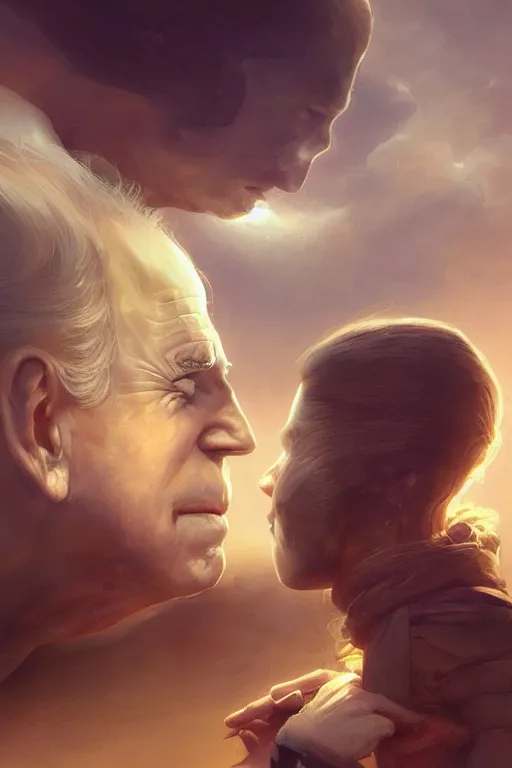 Image similar to beautiful portrait of Joe Biden sniffing young maiden's hair, Cinematic lighting, ultra realistic 3D, beautifully lit, ray traced, octane render by Peter Mohrbacher and Peter Gric