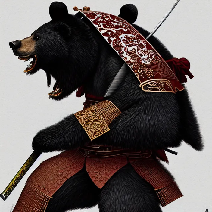 Image similar to anthropomorphic samurai asian black bear, fantasy, intricate, highly detailed, lifelike, photorealistic, digital painting, artstation, illustration, concept art, smooth, sharp focus, art by ogata korin and aya takano