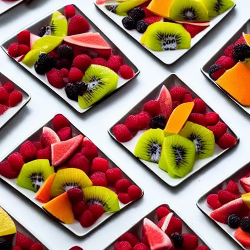 Image similar to beautiful photo of the pyramids made of fruit pieces on a white plate, dslr