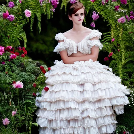 Prompt: full body fashion model emma watson by Winslow Homer smokey eyes makeup eye shadow fantasy, glow, shimmer as victorian woman in a long white frilly lace dress and a large white hat having tea in a sunroom filled with flowers, roses and lush fern flowers ,intricate, night, highly detailed, dramatic lighting , high quality