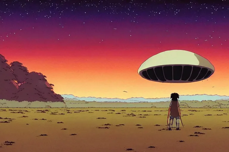 Prompt: a still from a studio ghibli film of a giant ufo from princess mononoke ( 2 0 0 4 ) at night on a desert road, full body, wide shot, very muted colors, post grunge, studio ghibli, laurie greasley, highly detailed, deviantart, art by artgem