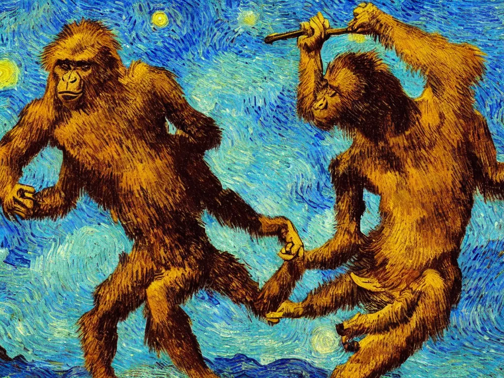 Prompt: bright beautiful oil painting of a primitive ape throwing a rock in kalahari desert, light scatter, van gogh