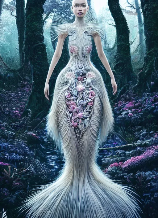 Prompt: a beautiful hyperrealistic ultradetailed 3D, one girl in a magnificent McQueen couture clothes on the background of a futuristic forest, Designer clothes, futuristic clothes, clothes from the future, biopunk, voge photo, fashion style, fullbody, in full growth, intricate, elegant, highly detailed, artstation, concept art, smooth, sharp focus, illustration, art by and greg rutkowski and orientalism and bouguereau and Zdzislaw Beksinski, good clear quality, lighting, clear facial features, a beautiful portrait, a clear texture of the dress