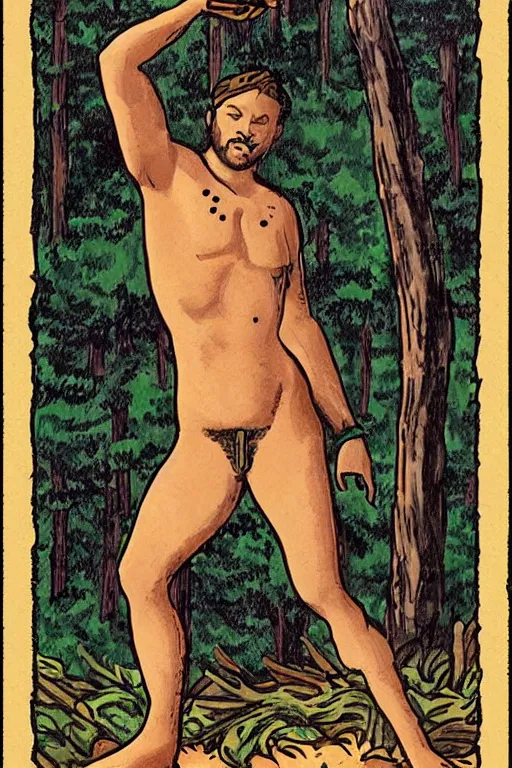 Prompt: tarot card of a shirtless cowboy forging a path through the woods, dad bod, mountain, homoerotic, art deco, art nouveau, trending on artstation