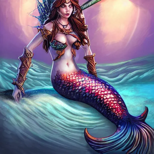 Image similar to fantasy mermaid warrior holding a sharp trident, sea background with sea weeds and small sea creatures, fantasy game art