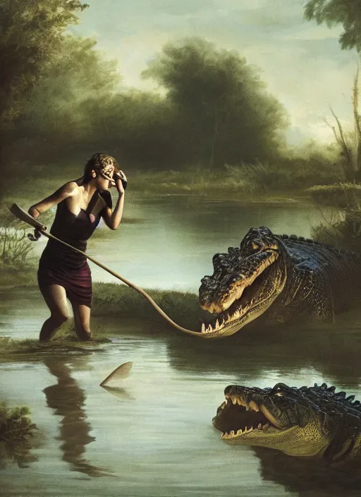 Image similar to a woman fighting against a crocodile in a swamp , soft lighting