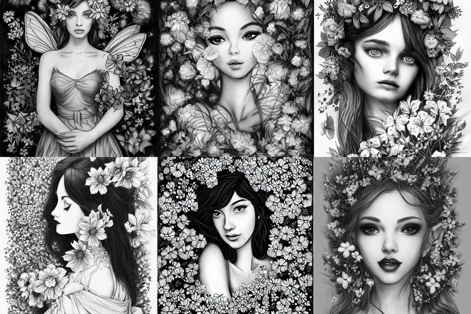 Prompt: a portrait of a flower fairy surrounded by flowers, light charcoal drawing, black and white, ink and paper, portrait, trending on artstation, behance, deviantart, drawn by tom lovell, artgerm, jsc, j. scott campbell
