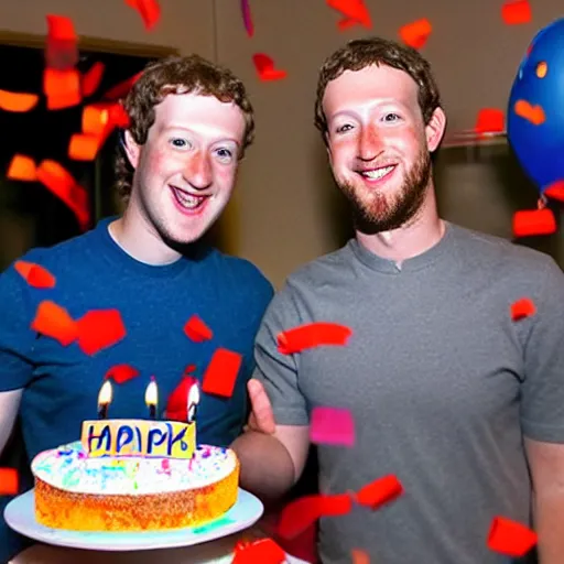 Prompt: mark zuckerberg wishing a happy bearded man happy birthday from inside the computer screen, confetti, cake, balloons