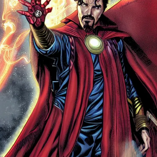 Prompt: Portrait of doctor strange in Iron man's armor, graphic novel, art by Ardian Syaf