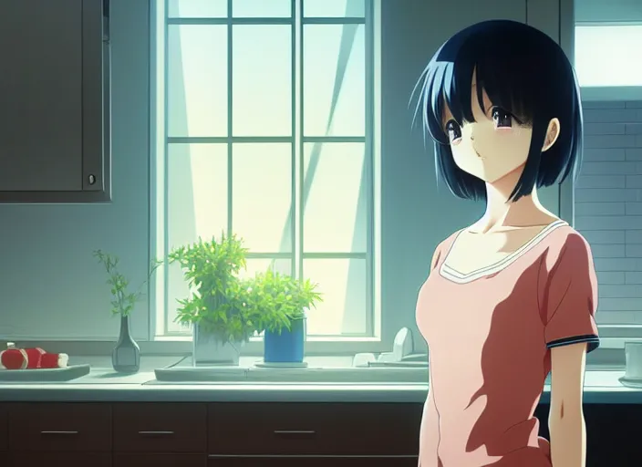Image similar to anime film visual, full body illustration from across the room a young woman looking in a kitchen cabinet from a distance, cute face by ilya kuvshinov, yoshinari yoh, makoto shinkai, katsura masakazu, dynamic perspective pose, detailed facial features, kyoani, rounded eyes, crisp and sharp, cel shad, anime poster, ambient light,
