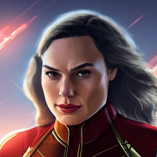 Prompt: a potrait of gal gadot as Captain Marvel by Zack Snyder, 8k photorealistic, cinematic lighting, HD, high details, dramatic, trending on artstation, view from above