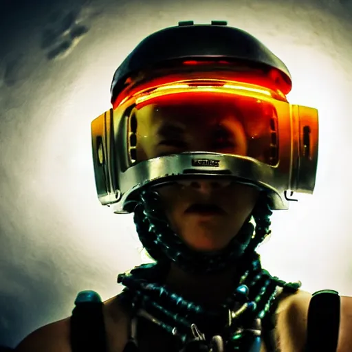 Prompt: gopro pov of a woman warrior wearing intricate scifi cyberpunk helmet