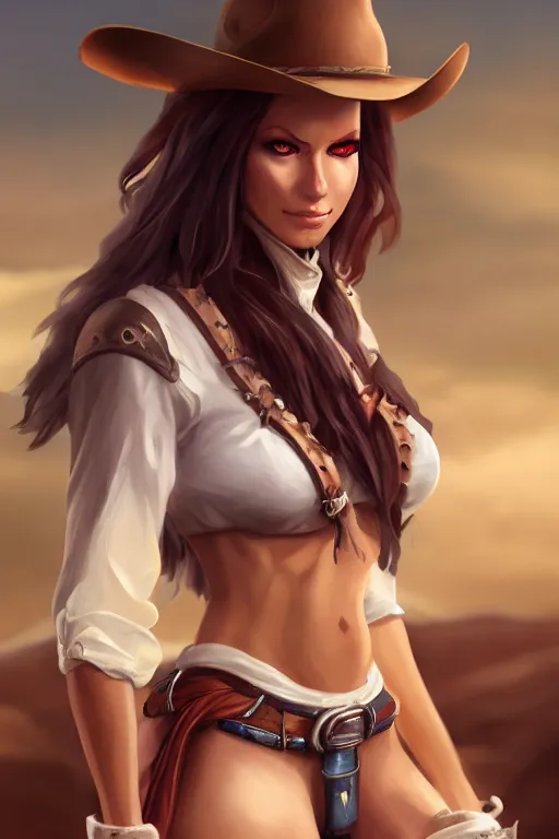 Image similar to full body, female cowgirl, perfect face, white blouse, 8 k, magic the gathering, desert, d & d, artstation, high detail, smooth, muscular