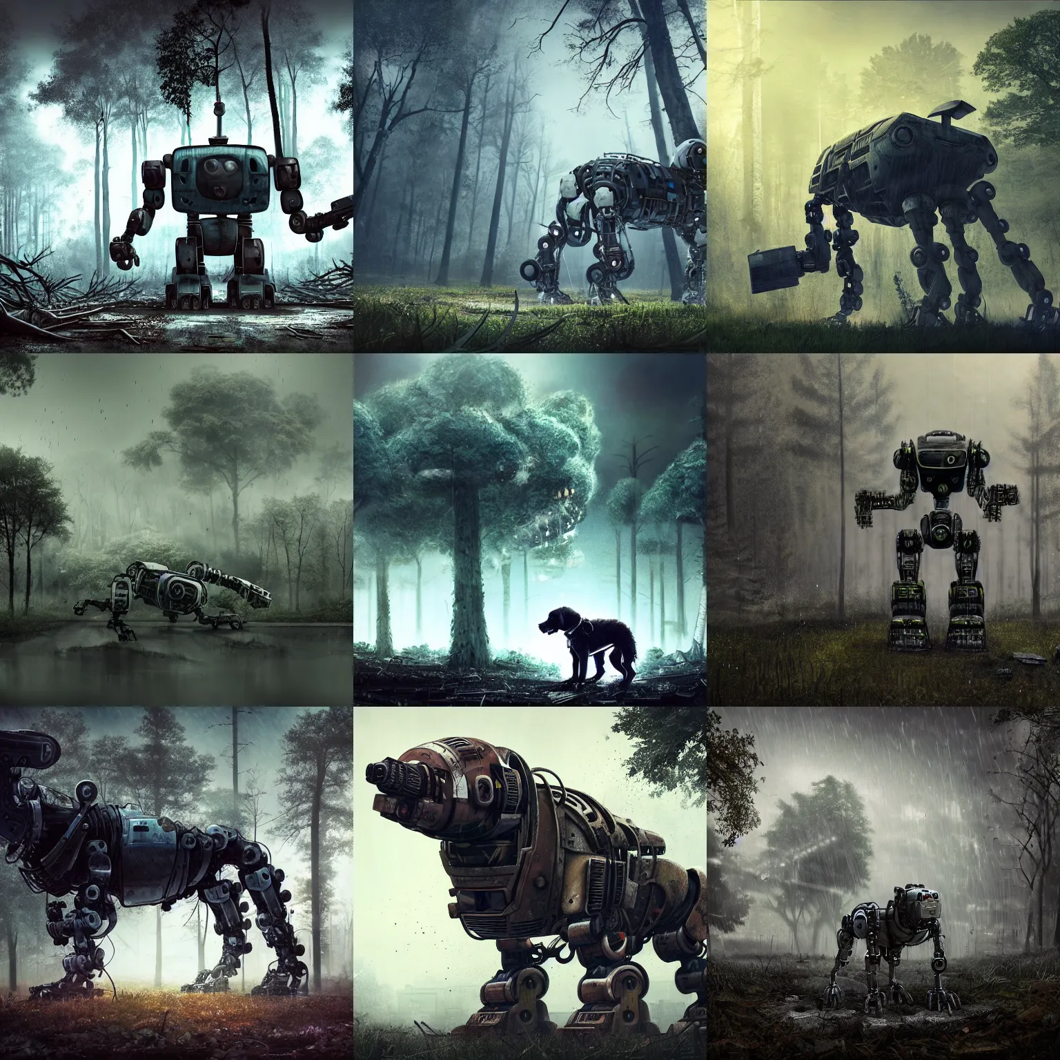 Prompt: abandoned large dog like robot with a massive gun with trees growing around it, nature taking over, destroyed human structures, fall of humanity, trees, concrete, digital art, illustration, realistic detail, godrays, particles, extreme wide shot, dark cinematic lighting, raining, reflective, wet, foggy