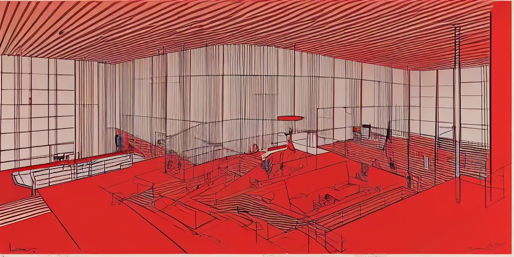 Prompt: modernist interior, seen from above, by René Laloux, line brush, thick lines, red, plain background