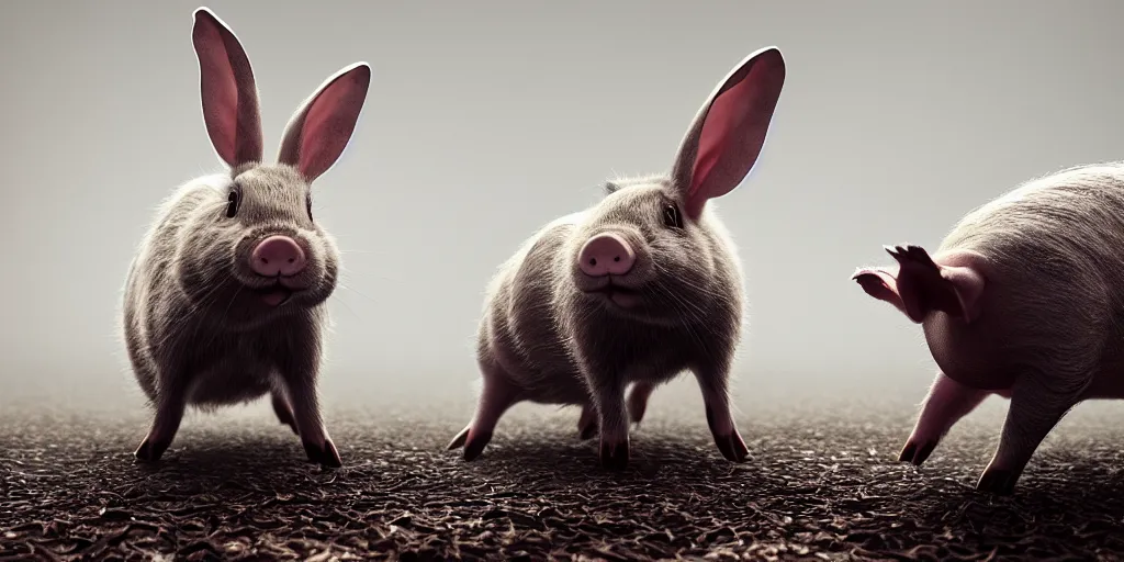 Image similar to a decomposing rabbit dancing with a pig, skulls litter the ground, 1 6 k, photorealistic, cinematic composition, movie concept art, cinematic composition 8 k, intricate detail, high detail, hd, octane render, unreal engine, v - ray, cinematic lighting, octane, volumetric lighting, dark moody lighting, atmosphere, mist, fog, matte painting, extreme long shot