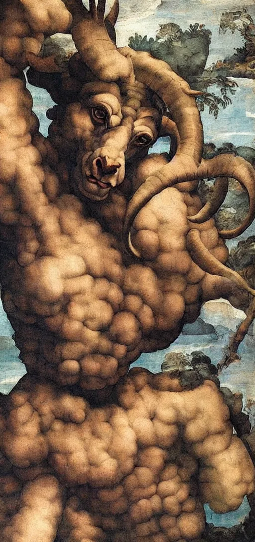 Image similar to giant goat with evil eyes, painting by michelangelo