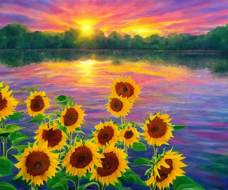 Image similar to sunflowers in the water, william henrits, hovik zohraybyan, water painting, bright colors, pink skies, sunrise, peaceful, serene, joy