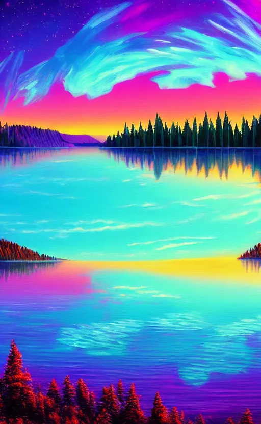 Image similar to beautiful award winning synthwave painting of a canadian lake, extreme detail, mobile wallpaper, digital art, 4 k, ultra hd