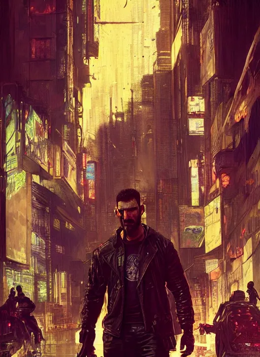 Prompt: cyberpunk version of the punisher walking into a cyberpunk nightclub (blade runner 2049, cyberpunk 2077). Orientalist portrait by john william waterhouse and James Gurney and Theodore Ralli and Nasreddine Dinet, oil on canvas. Cinematic, hyper realism, realistic proportions, dramatic lighting, high detail 4k