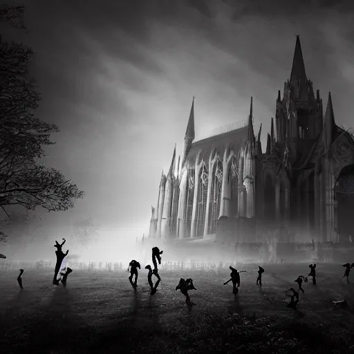 Image similar to zombies in front of gothic cathedral, fog, crepuscular, martian volumetric lights