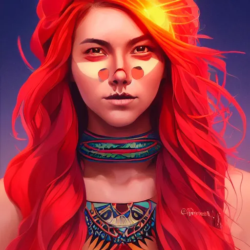 Image similar to in the style of artgerm and Andreas Rocha and Joshua Middleton, beautiful Native American young woman with long hair and red paint strip across eyes, smile on face, Symmetrical eyes symmetrical face, bead necklace, scenic prairie in background sunrise, natural lighting, warm colors