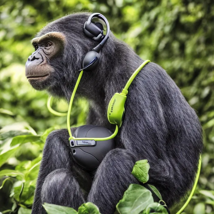 Image similar to a high quality photo of a green chimp wearing headphones, realism, 8k