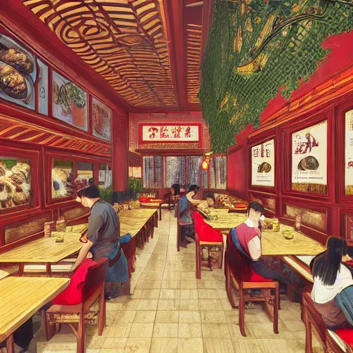 Prompt: a beautiful hyperdetailed interior 4 k hd wallpaper illustration of roasted string hotpot restaurant restaurant yan'an, corner, simple style, wall painting, from china, with merchant logo, people are eating kebabs, fine delicate structure, surrealistic, chinese style, victo ngai