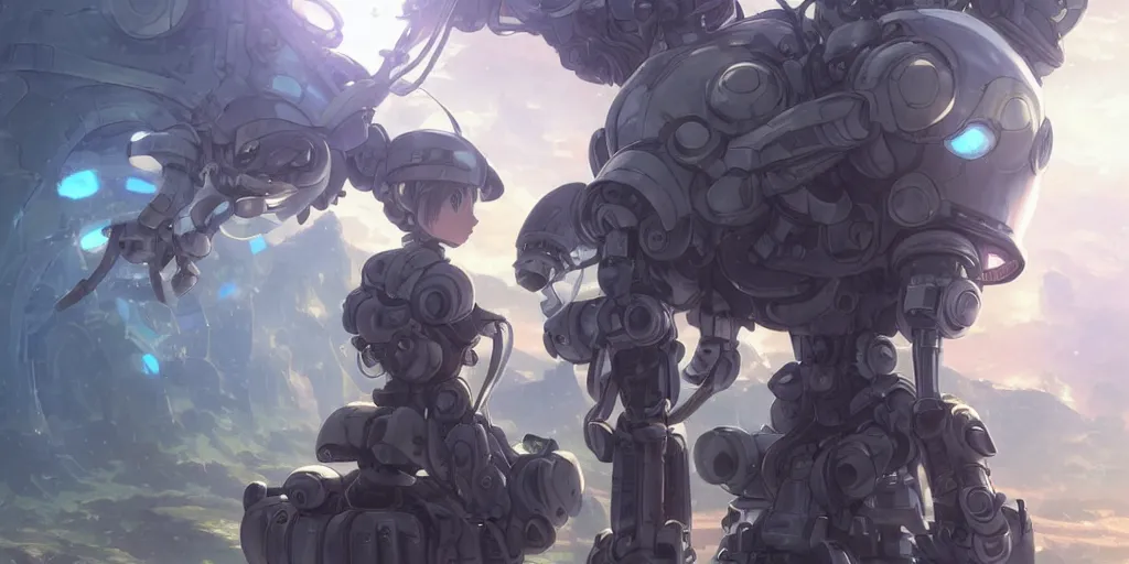 Image similar to humanoid robot mech from made in abyss by akihito tsukushi, backlight, centered rim lighting, deep focus, d & d, fantasy, intricate, elegant, highly detailed, digital painting, artstation, concept art, matte, sharp focus, illustration, hearthstone, art by artgerm and greg rutkowski and alphonse mucha