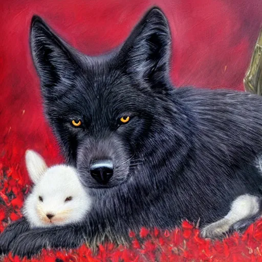 Prompt: a beautiful black wolf with red eyes curled around a small, fragile and cute white rabbit to protect it from the dangerous forest that is all around them, oil painting, award winning, 4k, high quality, high detail