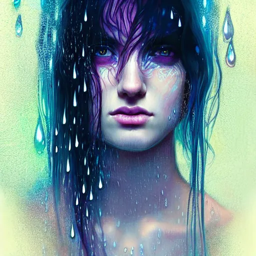 Image similar to bright asthetic portrait LSD glowing backlit rain on face and wet hair, fantasy, intricate, elegant, dramatic lighting, highly detailed, lifelike, photorealistic, digital painting, artstation, illustration, concept art, smooth, sharp focus, art by John Collier and Albert Aublet and Krenz Cushart and Artem Demura and Alphonse Mucha