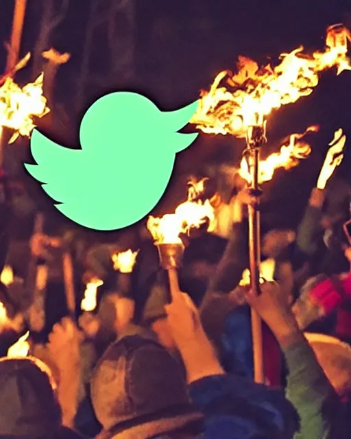 Image similar to a photo of an angry crowd of people with torches and rakes trying to destroy the Twitter Logo,