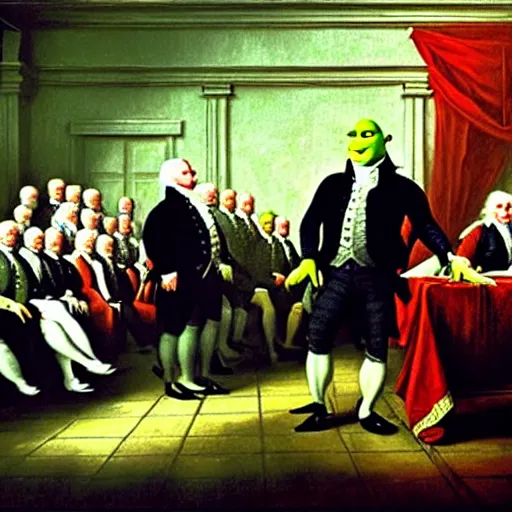 Image similar to shrek at the signing of the declaration of independence oil painting