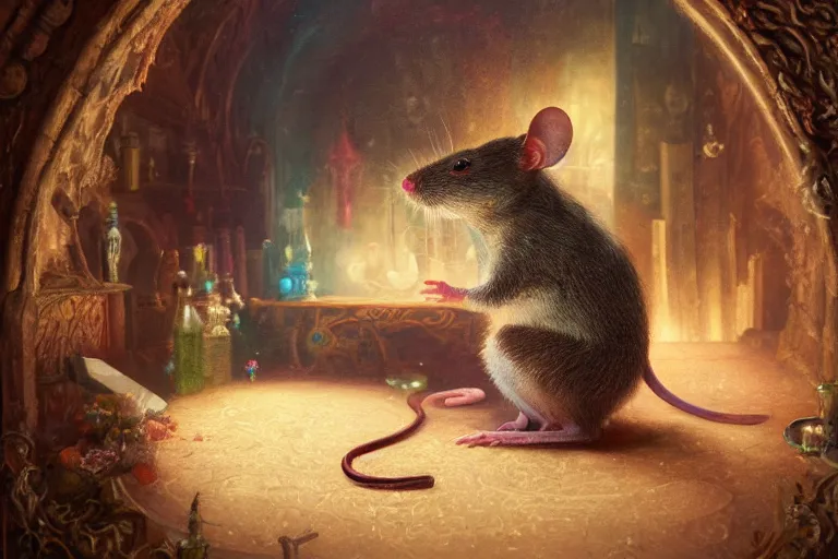 Prompt: A mouse in a Gothic atelier, oil painting, detailed, colorful, glowing lighting, 4k, depth of field, in the style of Yanjung Chen and Tom Bagshaw,