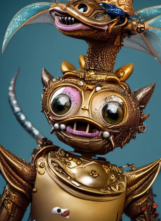 Image similar to closeup portrait of a tin toy fairytale dragon, depth of field, zeiss lens, detailed, symmetrical, centered, fashion photoshoot, by nicoletta ceccoli, mark ryden, lostfish, earl nore, hyung tae, frank frazetta, breathtaking, 8 k resolution, extremely detailed, beautiful, establishing shot, artistic, hyperrealistic, octane render