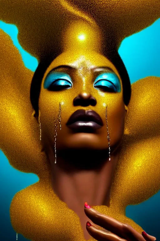 Image similar to hyperrealistic neo - dada cinematic very expressive! profile black oshun goddess, emerging from water!!, mirror dripping droplet!, gold flowers, highly detailed face, digital art masterpiece, smooth eric zener cam de leon, dynamic pearlescent turquoise light, low angle uhd 8 k, sharp focus